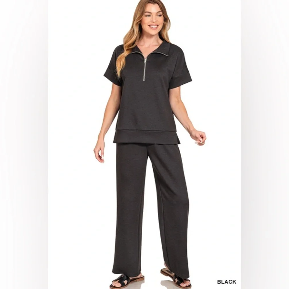 Zenana SCUBA HIGH NECK HALF ZIP TOP & PANTS SET - Picture 1 of 2